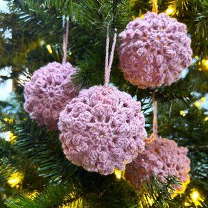 Set of 4, Hand Made Pink Crochet Christmas Tree Ornaments, Bulbs, 3.5" diameter